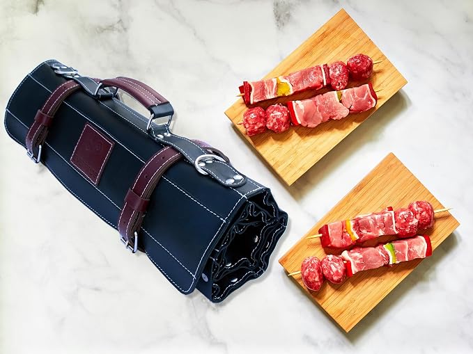 EVERPRIDE Elegant Black Leather with Maroon Trim, Professional Chef Knife Roll Bag for Knives. Premium Leather Bag, Sturdy Construction, Luxurious Carry Case and Display for Knives. A Great Gift.