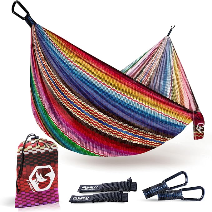 Foxelli Camping Hammock – Ultralight Hammock for Backpacking, Hiking, Festivals, Travel - Easy Setup with Tree-Friendly Ropes & Steel Carabiners, Heavy Duty Parachute Nylon