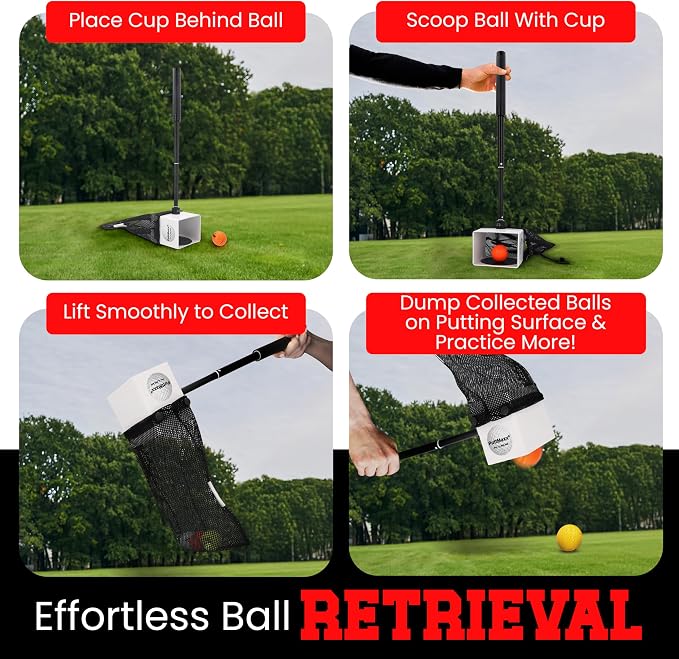Golf Putting Trainer and Ball Retriever with Target Cup, Telescopic Handle, Ball Collection Bag, Practice Putting and Chipping Aid for Home and Green