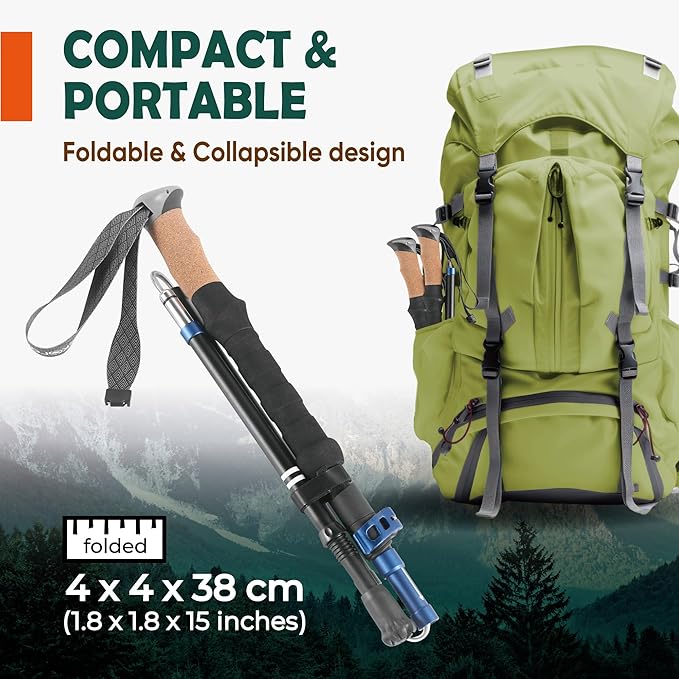 TREKOLOGY Trek-Z Cork Grip Trekking Poles Bundle with 6 Rubber Tip Replacements – Lightweight Folding Hiking Poles, Adjustable Height, Premium Aluminum Walking Sticks for Men & Women