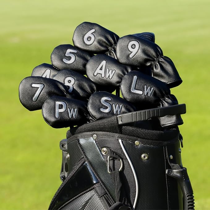 10 Pcs Iron Covers for Golf Clubs, Premium PU Leather Golf Iron Covers with Embroidered Big Numbers, Fits Most Iron Clubs and Hybrid Irons, Easy On and Off