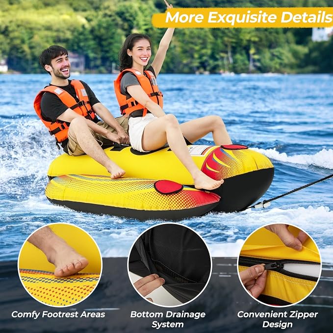 Towable Tubes for Boating, Inflatable Hot Dog Water Tube for Boat to Pull, Water Sports Banana Boat Tubes and Towables w/Double Stitched Nylon Cover, Padded Seat, Easy Grip Handles