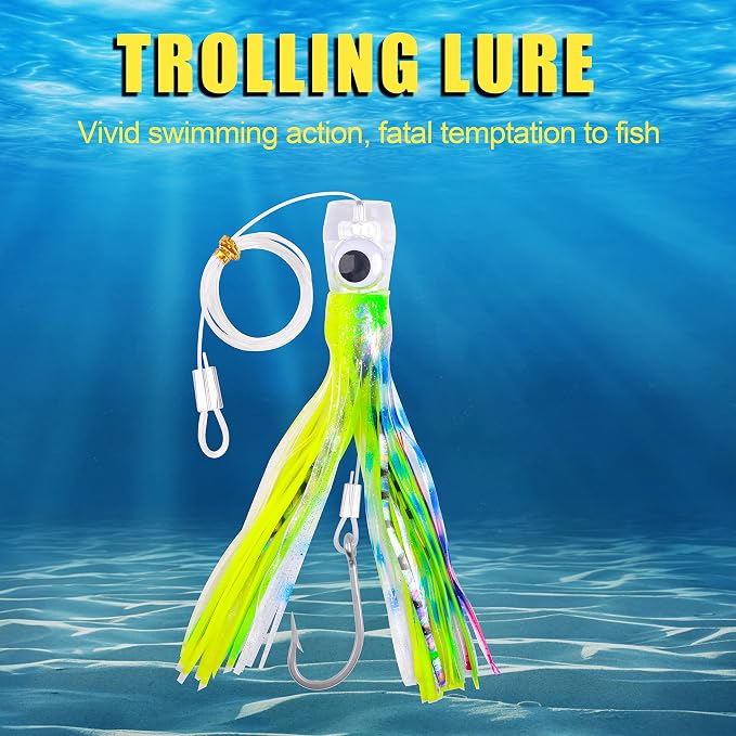 Trolling Lures Saltwater for Tuna Mahi Marlin Wahoo Dolphin Shark Offshore Trolling Baits with Squid Skirt Big Game Fishing Lures Deep Sea Squid Skirts Rig 6/9 inch
