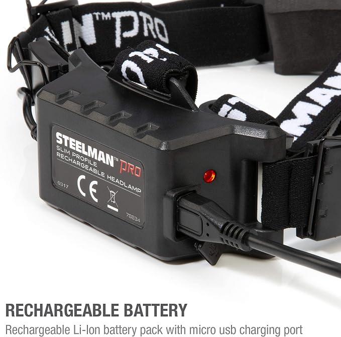 Steelman Slim Profile Rechargeable LED Motion-Activated Headlamp, 250-Lumen, 3 Brightness Settings, 20-Meter Range, Water-Resistant