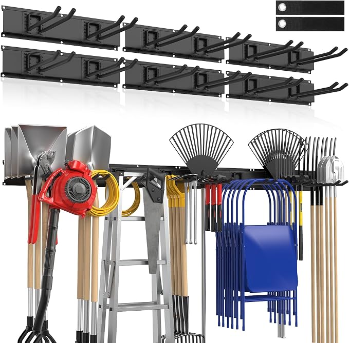 Housolution Heavy Duty Garage Wall Organizer 96 Inch - 20Pack Carries 720 lbs, Garage Tool Storage System, 6 Rails with 12 Adjustable Metal Hooks, Garden Yard Shed Rack for Rake Broom Mop Snowboard
