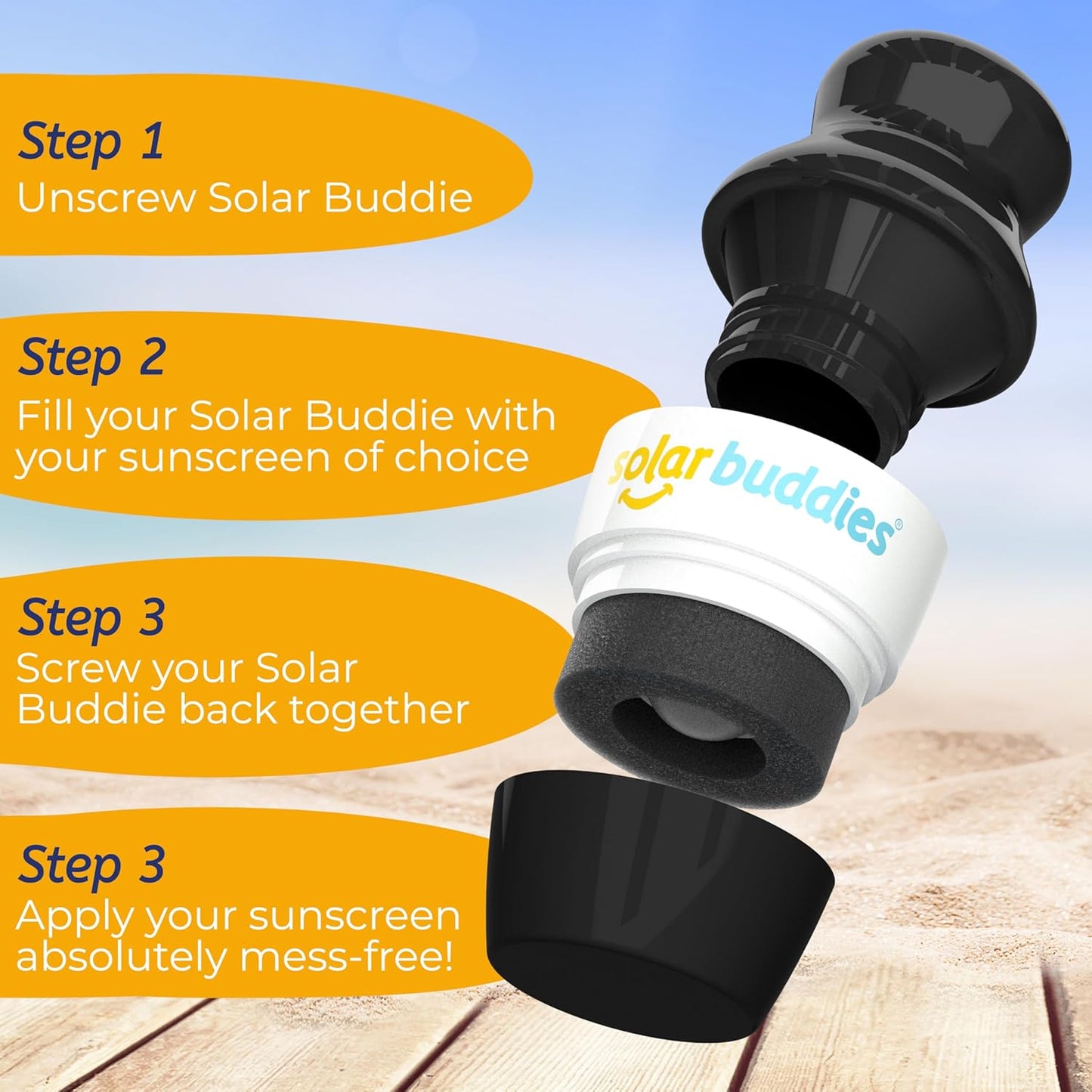 Solar Buddies Sunscreen Applicator - Single Black - Refillable Roll on Sponge Sunscreen, Suncream &amp; Lotion Applicator For Kids, Adults &amp; Families - Holds 3.4fl oz, Perfect Size for Travel