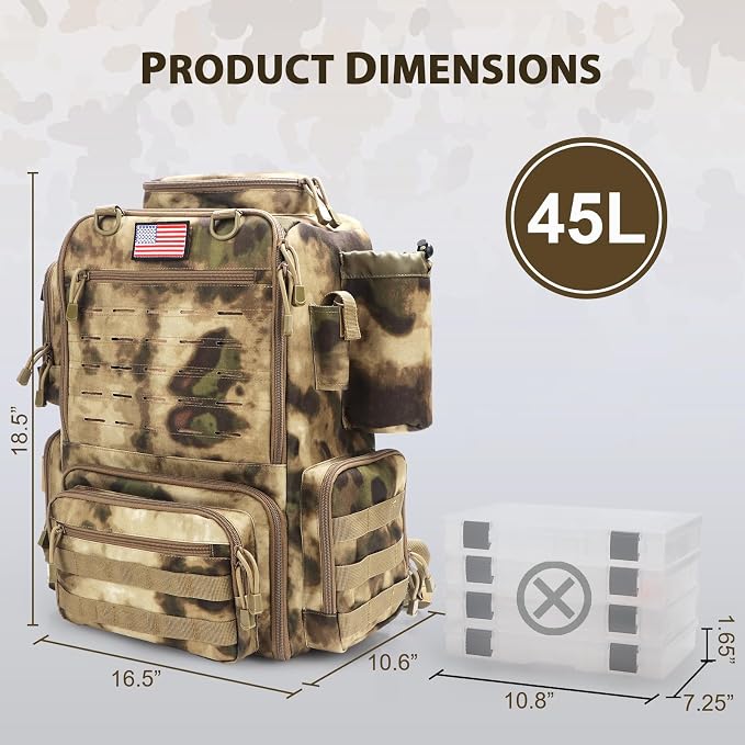 Fishing Backpack, Fishing Tackle Backpack with Rod Holders for 4 Boxes (Box Not Included) 45L Waterproof Fishing Gear, Ideal for Men and Women Large Tackle Box Bag (Sahara Khaki Camo)
