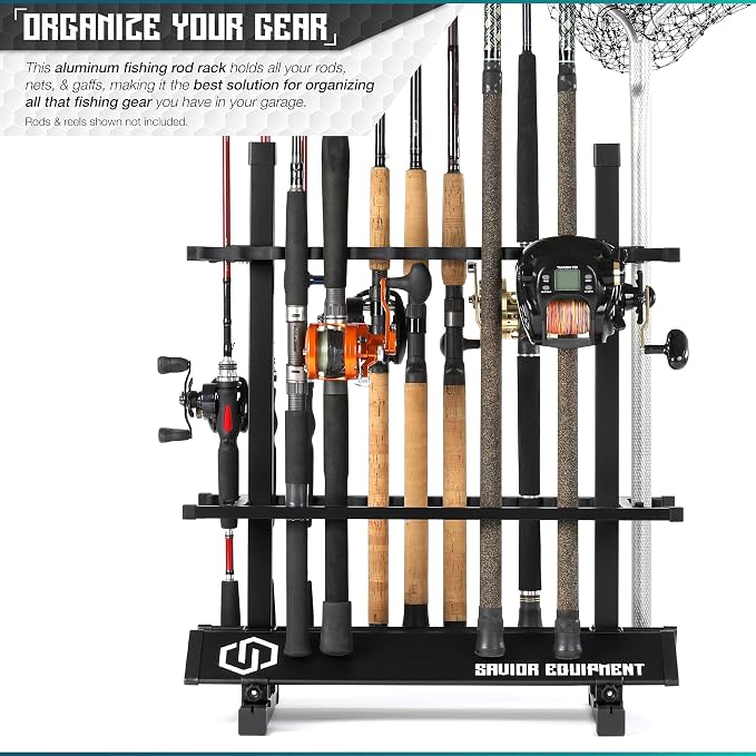Savior Equipment Fishing Rod Rack Holder Organizer, 24-48 Slots to Hold Fresh Salt Water Spinning Rods & Reel Combo, Lightweight Aluminum Vertical Fish Pole Garage Storage Ground Display Stand
