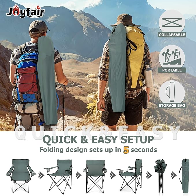 Joyfair Portable Camping Chair, Outdoor Lawn Folding Chairs for Adults, Heavy Duty Large Foldable Chairs for Beach, Fishing, Tailgating and More Outdoor Sport, Carry Bag & Cup Holder