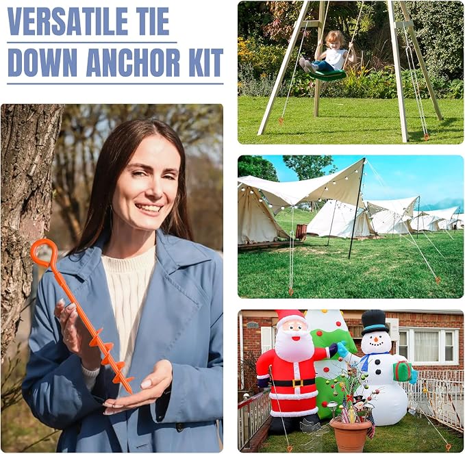 Eurmax USA 4 Pack Heavy Duty Ground Stakes&Anchors,Commercial Spiral Screw-in Trampoline Stakes with Reinforced Tie-Down Straps,High Wind Stabilizing Kit for Canopies,Outdoor Sheds,Swing Sets(Orange)