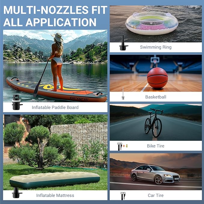 50PSI Electric Paddle Board Pump, 5200mah Dual Stage SUP Pump with 6 Nozzles Auto-Off Inflation/Deflation Air Pump for Inflatable Paddle Boards, Cars,Balls,Bicycles