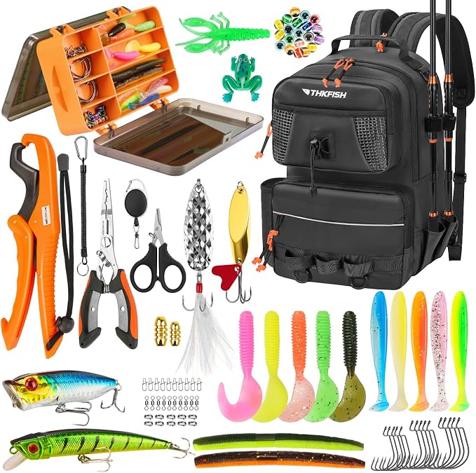 THKFISH Fishing Backpack with Tackle Boxes, 20L Waterproof Tackle Sling Bag with Lures Kit, Fish Lip Gripper, Pliers, Scissors, Fishing Gifts for Men Women