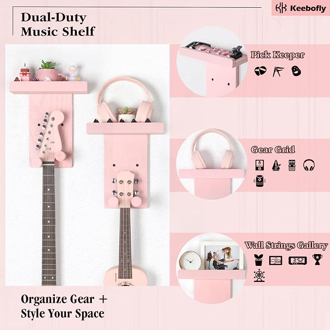 Keebofly 2-Pack Guitar Wall Mount Hanger with Shelf & Pick Holder - Wood Wall Hook for Acoustic, Electric, Bass Guitars, Ukulele (Screw-Mounted, Pink) [Patented]