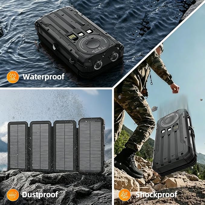 Solar Charger Power Bank Built-in 3 Cables and 4 Solar Panels, Portable Wireless Charger 10,000mAh, External Battery Pack with USB-C in/Output & Flashlight for Outdoor Camping