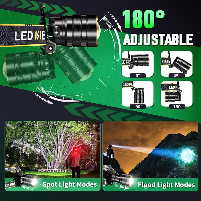 Bud K 99000 High Lumens Rechargeable LED Headlamp,Zoomable Head Light with 12 Light Modes, USB-C Fast Charge, IPX7 Waterproof Hard Hat Headlamp for Camping Fishing Running Construction Cycling Hunting