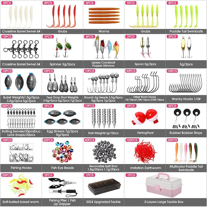 517 Pcs Large 3 Layers Tackle Box with Tackle Fishing Lures Kit Included Pliers, Fish Lip Gripper, Crankbait, Hooks, Other Accessories Fishing Kit for Men Gifts Summer Vacation(Pink White)