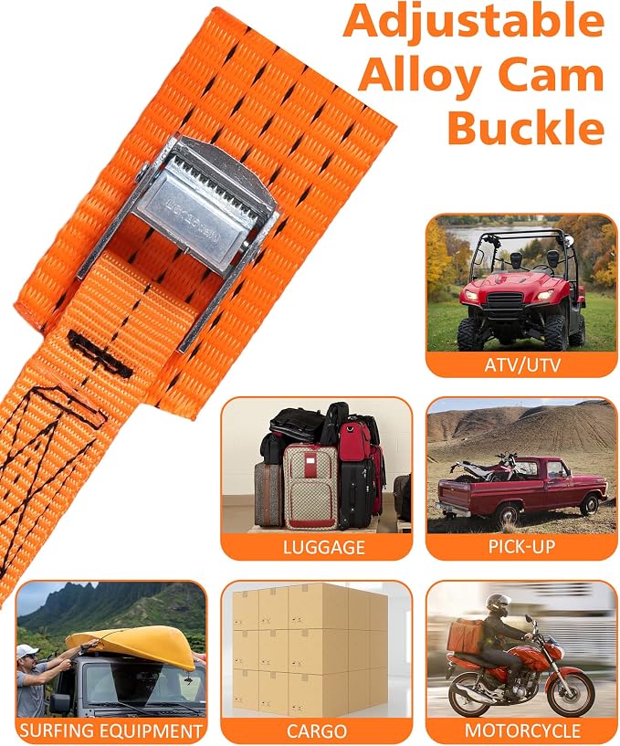 Upgraded 1'' x 8' Tie Down Straps, Cargo Roof Rack Strap Cam Buckle with Hooks, Heavy Duty Secure Strap, Orange - Pack of 4