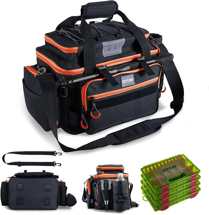Goture Fishing Tackle Bag with 4PCS 3600 Tackle Boxes | 600D Water-Resistant, Rod Straps, Detachable Bottle Pouch,Waterproof Bottom, Freshwater & Saltwater Gear Storage Fishing Bag