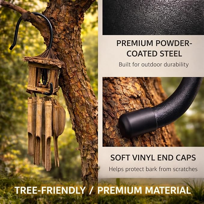 Therwen 4 Pcs 12 Inch Tree Branch S Hook Heavy Duty Extra Large 1/4" Steel Metal Outside Tree Hanger for Hanging Bird Feeder, Plant, Wind Chime, Lantern, Wreath, with Vinyl End Cap, 35 Lbs Capacity