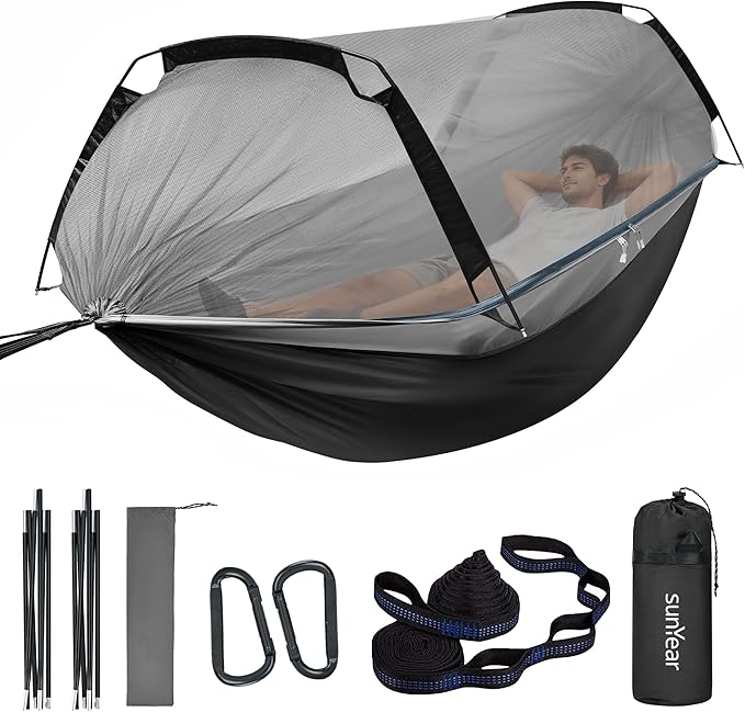Sunyear Camping Hammock Tent - Portable Hammocks with Mosquito Net (Single/Double, 500lbs Capacity) - Spacious & Anti-Rollover Design with 2 Tree Straps for Hiking, Backpacking, Indoor/Outdoor Use