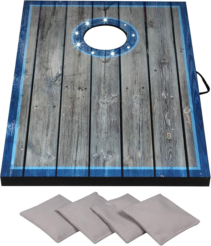 Hathaway Atlantic LED Cornhole Board Set – Includes 8 Rip-Resistant Bean Toss Bags & 2 Target Boards with Built-in Cornhole Lights & Nylon Carrying Bag for Portability – Blue/White