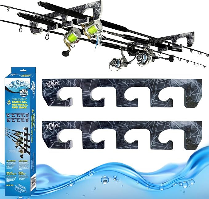 Rush Creek Creations Reel Salty Marine-Grade 4-Rod Fishing Rod Holder, Wall/Ceiling Mount Waterproof & UV-Resistant Saltwater-Safe Fishing Pole Organizer for Garage or Home Storage