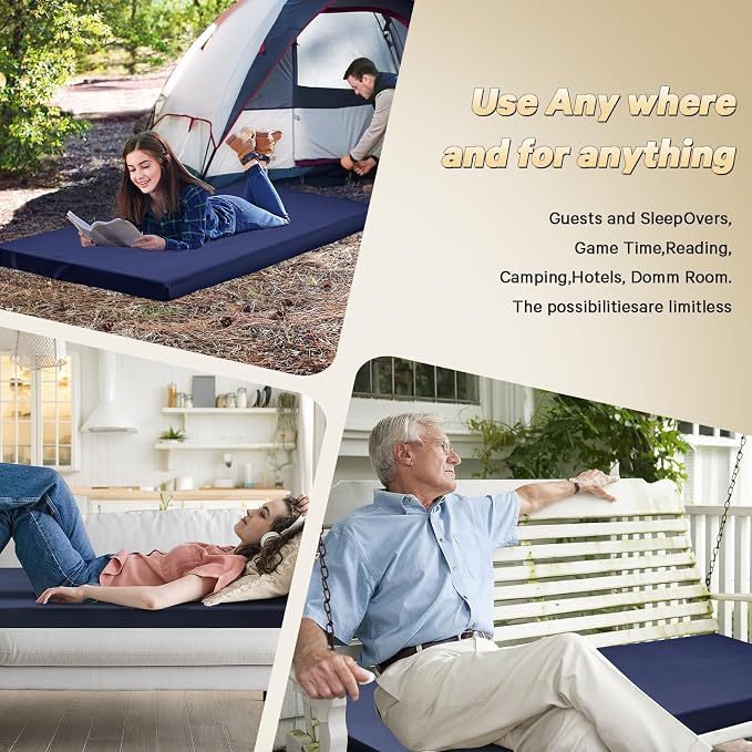 CYMULA Camping Cot Pad 2 Inch Memory Foam, Camping Pad for Folding Cot and Foldable Cot, Portable Roll Up Camp Gear for Car Camping Travel Tent, Non-Slip Waterproof Bottom, Removable Cover, Pad Only