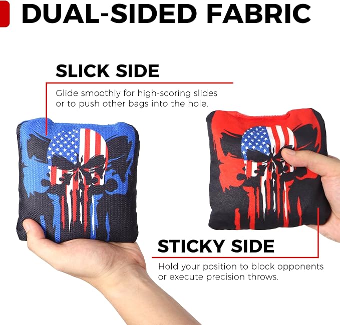 Professional Tournament Cornhole Bags Set of 8 Regulation 6”x6”, 15–16 oz | Dual-Sided Slick & Stick | Quad-Stitched Durability | Premium Resin Fill | Includes Carry Bag