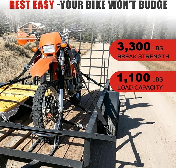 AWELCRAFT Motorcycle Tie Down Straps (2 Pack),3300lb Break Strength,1.5in x 8FT Steel Cambuckle Dirtbike Strap,Integrated Soft Loops & Double S-Hooks with Safety Clips,Lab Tested,Black