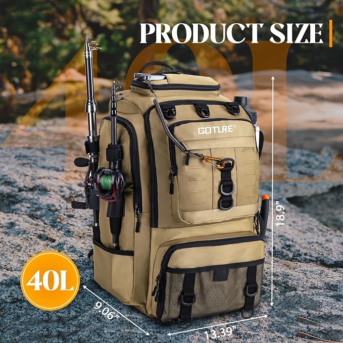 Goture 40L Large Khaki Fishing Backpack, 900D Tear-Resistant Tackle Bag with Cooler & Rain Cover & 3600 Trays, Freshwater Saltwater