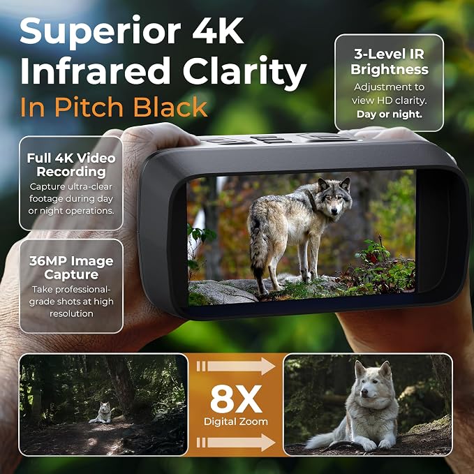 4K Night Vision Goggles for Adults, Infrared Binoculars with 36MP Camera & 4.5" Screen 8X Digital Zoom 4500mAh Rechargeable Battery 32GB TF Card Tripod Compass 1300ft Range Ideal for Hunting & Camping