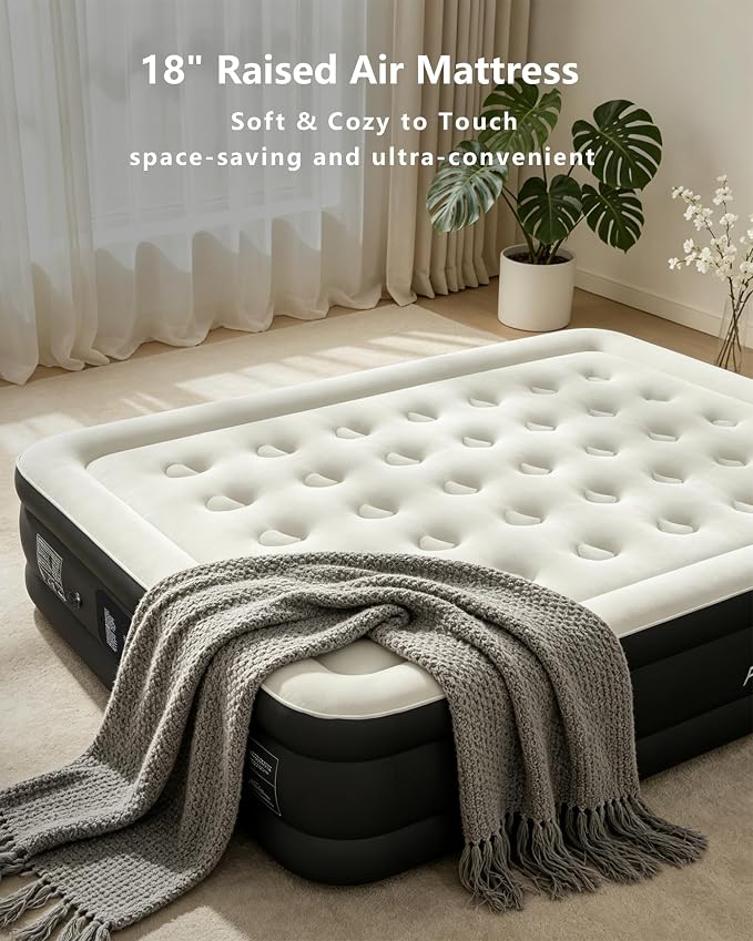 air Mattress Queen with Built in Pump – 18-Inch Thickened Inflatable Mattress for Easy Travel, Supports Up to 650 Pounds Pounds (Black, Queen)