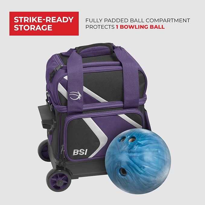 BSI Dash Roller Bowling Bag with Smooth Rolling Wheels, Padded Ball Compartment, Retractable Locking Handle, & Shoe Pocket