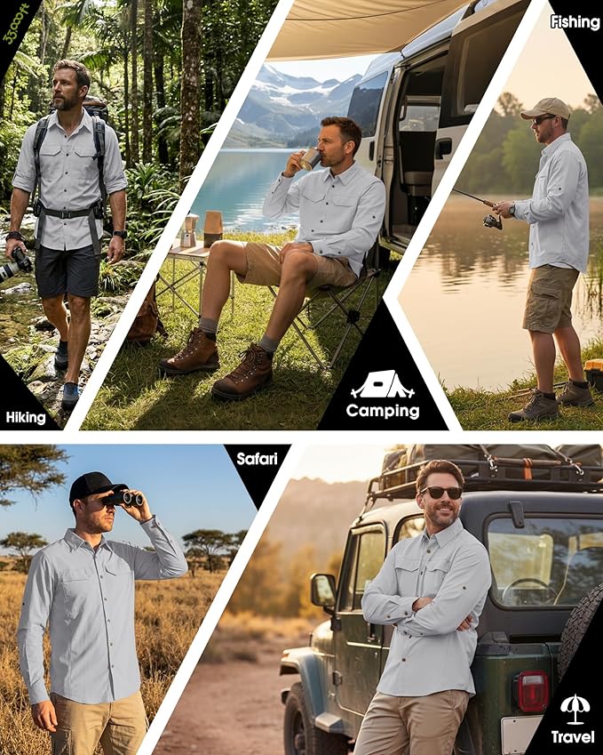 33,000ft Men's Long Sleeve Hiking Shirts Lightweight Quick Dry Sun Protection UV UPF 50 Fishing Shirt Outdoor Safari Travel