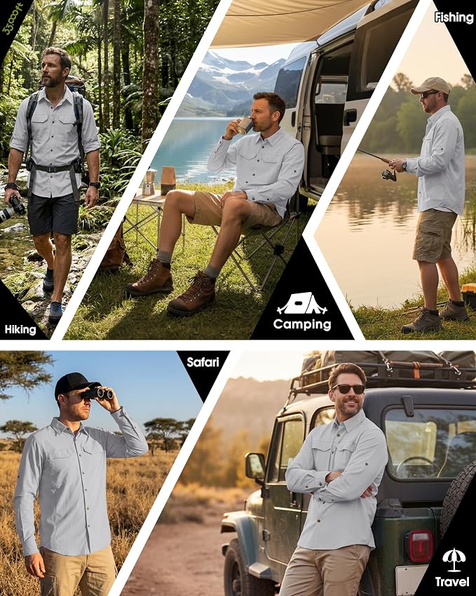 33,000ft Men's Long Sleeve Hiking Shirts Lightweight Quick Dry Sun Protection UV UPF 50 Fishing Shirt Outdoor Safari Travel