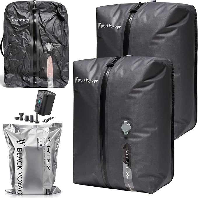Black Voyage Reusable Vacuum Compression Travel Bag for Carry-On Suitcase and Backpack, Recycled IPX8 Waterproof Space Saver Vacpack (2-Pack, 18L - Pump Included)