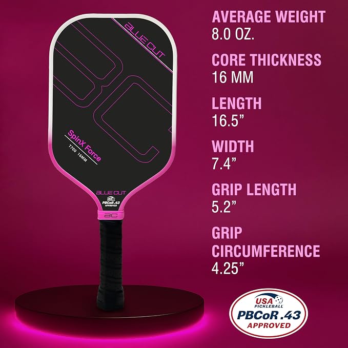 Blue Cut Pickleball Paddle – USAPA Approved Pickleball Paddles Racket with T700 Carbon Fiber, 16mm Honeycomb Core, Spin Surface, Pro Power Speed & Control – Includes Carry Bag
