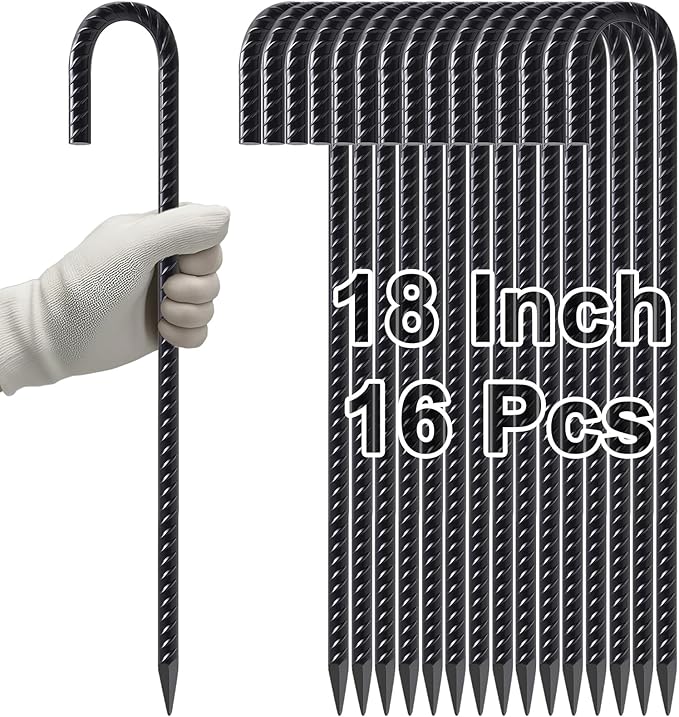 VVOKGO Rebar Stakes 18 Inch J Hook Heavy Duty Ground Anchors (16-Pack), 3/8" Diameter Metal Steel Extra Long Fence Stakes with Chisel Point End for Greenhouse, Gazebo, Carport, Camping Tents, Black
