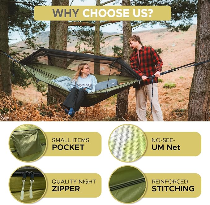 Sunyear Camping Hammock Tent - Portable Hammocks with Mosquito Net (Single/Double, 500lbs Capacity) - Spacious & Anti-Rollover Design with 2 Tree Straps for Hiking, Backpacking, Indoor/Outdoor Use
