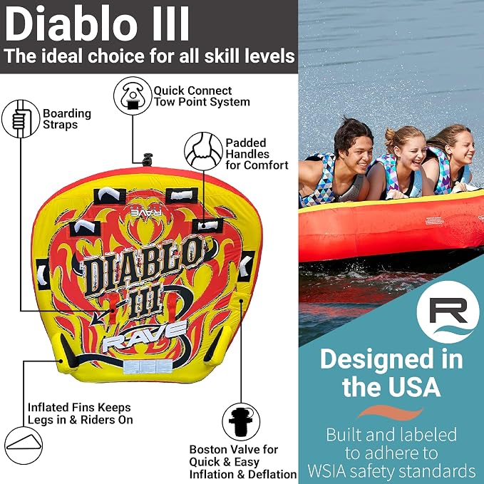 Rave Sports Diablo III Boat Towable Tube - Inflatable Boating Tube for 1-3 Riders - Heavy-Duty Water Tube for Boats to Pull - Water Sports Towable with Quick Connector