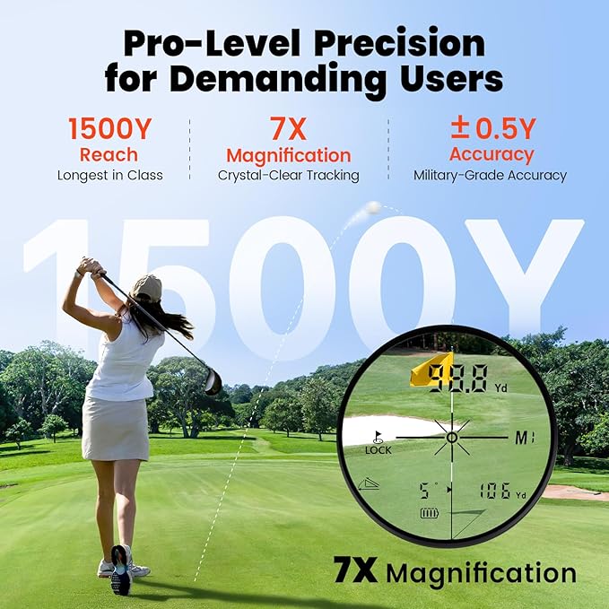 Bestsee Golf Rangefinder with Slope & Red Backlight, 1500Yards Laser Range Finder, 0.3s FlagLock Vibration, 7X Magnification, Magnet Stripe, 85% Transmission Lens for Golfing/Hunting, Golf Accessories