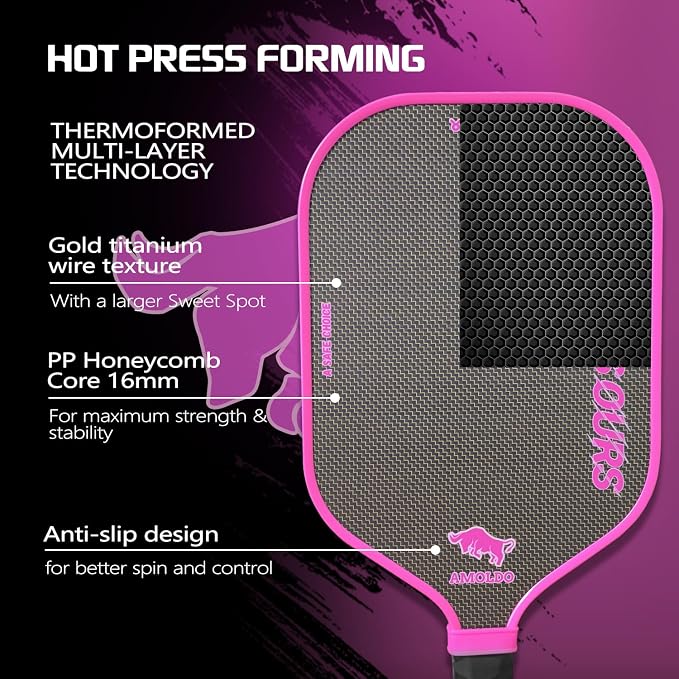 Pickleball Paddles, Carbon Fiber Pickleball Paddle High Grit & Spin with PP Honeycomb Core 16mm Thickness and Thermoformed Elongated Shape, Increased Power for Ultimate Spin & Consistency
