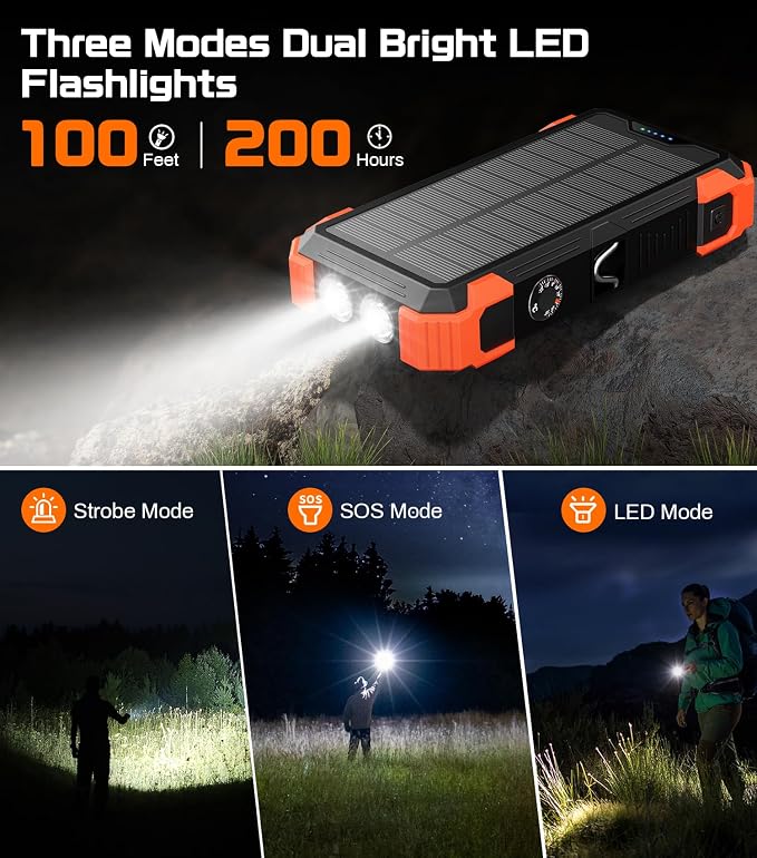 GOODaaa Solar Power Bank 24000mAh, Portable Charger with 4 Built-in Cables, 15W Fast Charging 5 Outputs 2 Inputs Battery Pack, Thermometer & SOS Flashlight for iPhone 17/16, Samsung, All Cell Phones