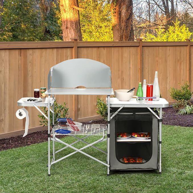 Tangkula Folding Camping Kitchen Table, Aluminum Portable Camping Grill Table with Windscreen, Cook Station, Outdoor Quick Set-up Camp Cook Table with Storage Organizer Shelves, Carry Bag
