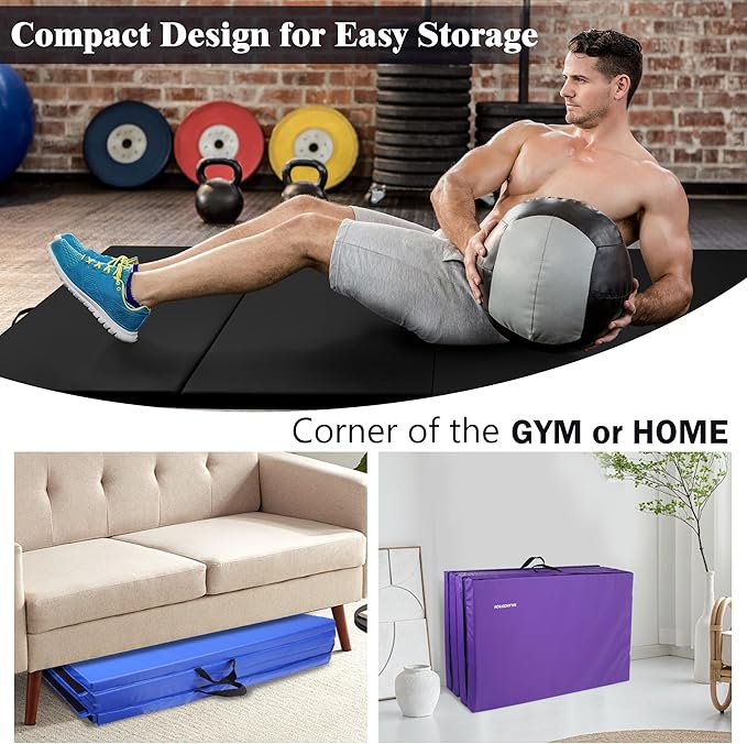 Fitvids 4'x8'x1.9" Gymnastics Mat, Home Exercise Mat with Carrying Handles, Folding Gym Workout Tumbling Mat for Yoga, Pilates, Stretching, MMA, Core Workouts, Fitness Aerobics Mats for Gym Training
