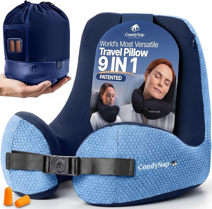 ComfyNap® Versatile Travel Neck Pillow for Airplane [Patented], 9 Positions in 3 Techniques, Plane Pillow with Pure Memory Foam, Travel Pillow with HeadRest Flight Sleep, Travel Essential - Zeus