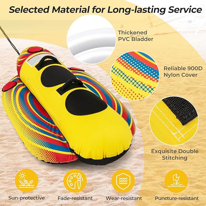 Towable Tubes for Boating, Inflatable Hot Dog Water Tube for Boat to Pull, Water Sports Banana Boat Tubes and Towables w/Double Stitched Nylon Cover, Padded Seat, Easy Grip Handles