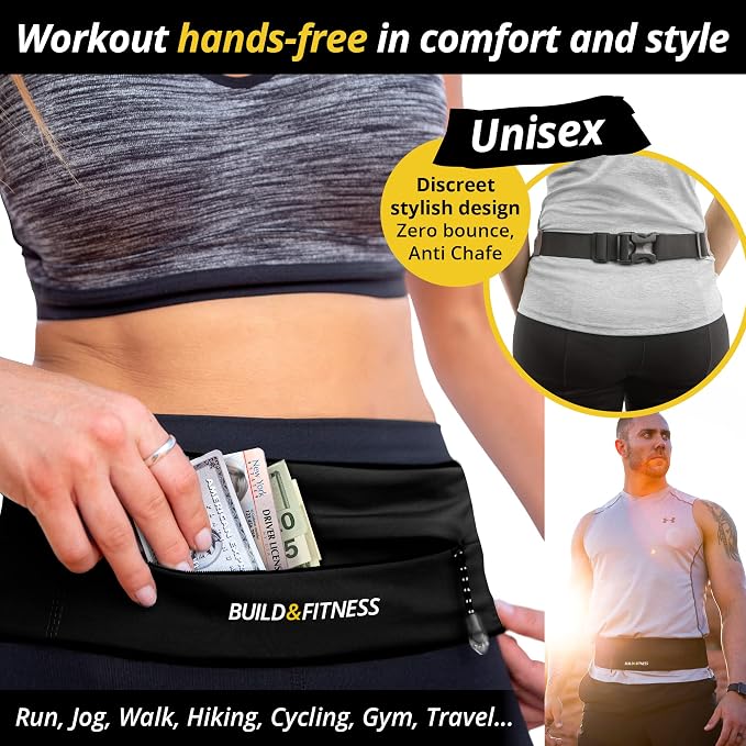 BUILD & FITNESS Zipper Running Belt – Adjustable Waist Pack, Slim, Light, YKK Zip, Secure Key Clip – Fits ALL Cell Phones, Keys, Cards, GU's – For Men & Women – Fitness, Run, Jog, Gym, Cycle, Hiking