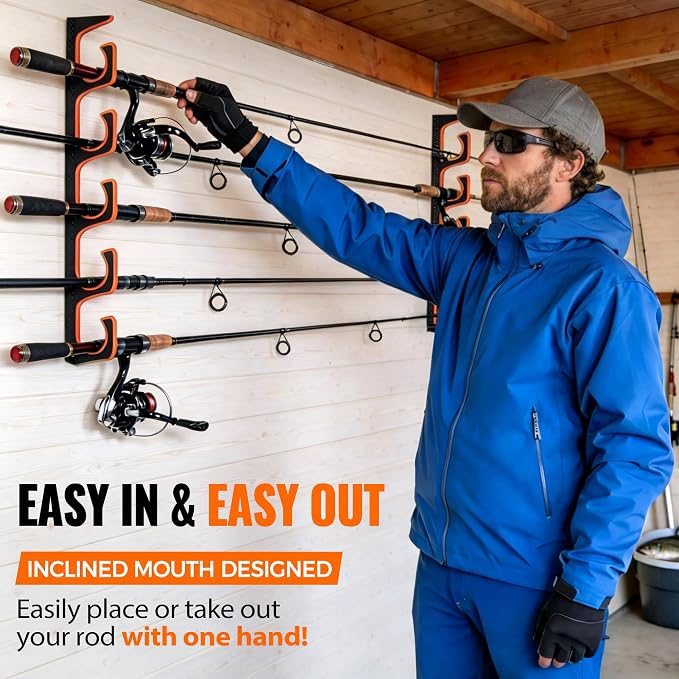 PLUSINNO H5P Fishing Rod/Pole Holders for Garage, Fishing Rod Holder Ceiling or Wall Mounted Rod Rack, Fishing Gear Equipment Storage Organizer Holds up to 20 Rods or Combos or Nets