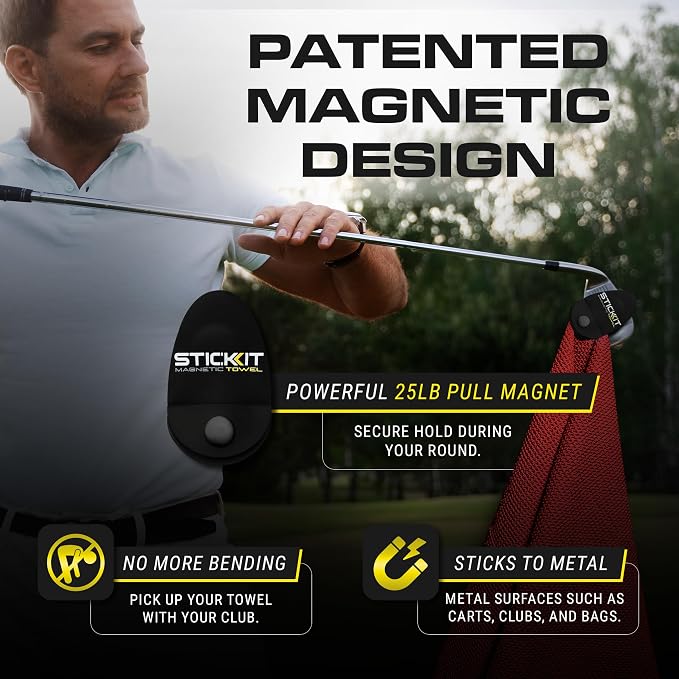 STICKIT Magnetic Golf Towel - Ultra-Absorbent Waffle Weave Microfiber & Removable Magnet - Golf Towel with Magnet for Bags, Clubs & Carts - Removes Dirt, Grass, & Debris from Club Face - 29” x 29”